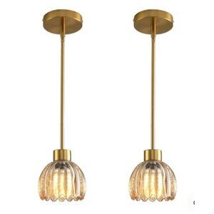 New Cafulam Modern Pendant Lights Set of 2 Ribbed Glass Shades Metal Body Brass